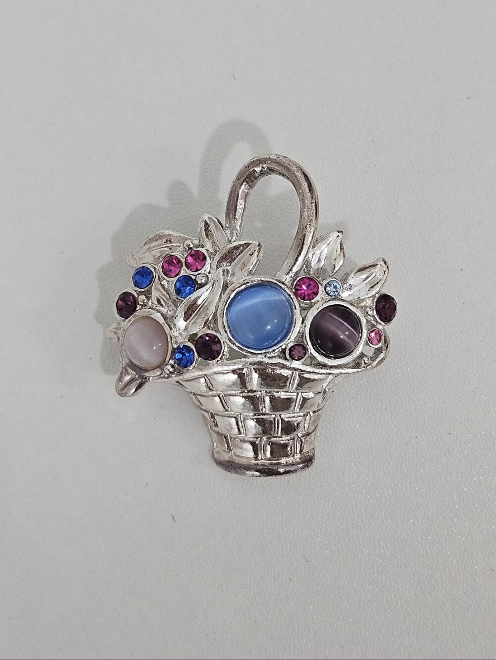 Silver Tone Cat's Eye & Rhinestone Flower Basket Brooch Pin